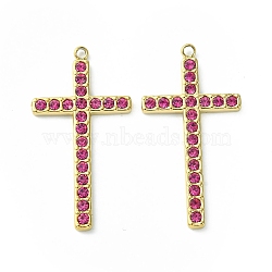 Real 14K Gold Plated 304 Stainless Steel Pendants, with Rhinestone, Cross Charms, Rose, 36.5x19x2.5mm, Hole: 1.6mm(STAS-L269-008G-02)