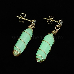 Luminous Glass Bullet Braided Dangle Stud Earrings, Gold Plated Brass Wire Wrap Jewelry for Women, Beige, 35mm, Pin: 0.8mm(EJEW-JE04992-01)
