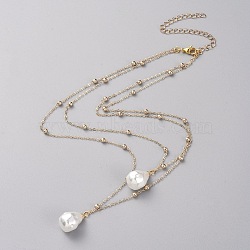 (Jewelry Parties Factory Sale), Double Layered Necklaces, with ABS Plastic Imitation Pearl teardrop, Pendants, Brass Cable Chains and 304 Stainless Steel Lobster Claw Clasps, Golden, 18.5 inch(47cm)(NJEW-JN02633-01)