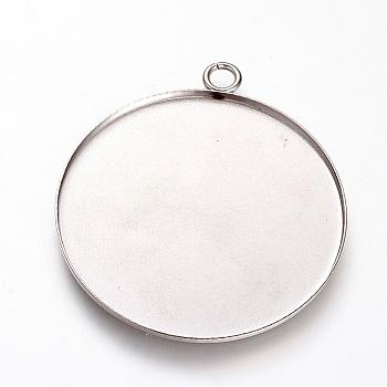 201 Stainless Steel Pendant Cabochon Settings, Plain Edge Bezel Cups, Flat Round, Stainless Steel Color, Tray: 35mm, 40.5x36x1.5mm, Hole: 3mm