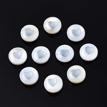 Natural Freshwater Shell Beads, with Brass Metal Embellishments, Flat Round with Heart, Platinum, 8x4~5mm, Hole: 0.6mm