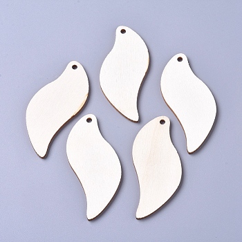 Unfinished Blank Poplar Wood Big Pendants, Undyed, Leaf, for Jewelry Making, Floral White, 65x29x2.5mm, Hole: 3mm