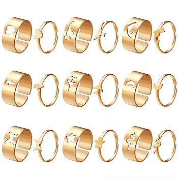 18Pcs 18 Style Heart & Dinosaur & Dolphin & Plane & Moon & Butterfly & Star Alloy Cuff Rings Set, Couples Matching Best Friend Promise Rings for Friends Lovers, Golden, US Size 6 1/2(16.9mm)