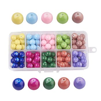 10 Colors Painted Glass Beads, Baking Paint, Round, Mixed Color, 10mm, Hole: 1.3~1.6mm, about 14~17pcs/compartment, 140~170pcs/box, Packaging Box: 13.5x7x3cm
