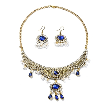 ABS Plastic Pearl & Rhinestone Oval Jewelry Set, Golden Alloy Bib Necklace & Chandelier Earrings, Royal Blue, 455mm, 51x24mm
