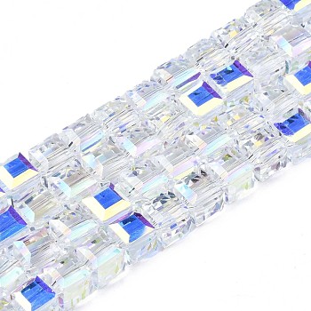 Electroplate Transparent Glass Beads Strands, AB Color Plated, Faceted, Cube, Clear AB, 7x7x7mm, Hole: 1.2mm, about 98pcs/strand, 28.54 inch(72.5cm)