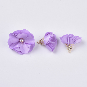 Handmade Cloth Pendant Decorations, with Alloy Findings, Flower, Lilac, 24~26x24~25mm, Hole: 2mm