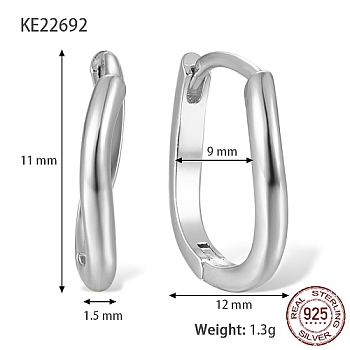 Rhodium Plated 925 Sterling Silver Hoop Earrings, with S925 Stamp, Platinum, 11x12x1.5mm