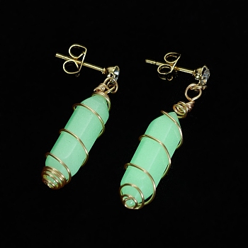 Luminous Glass Bullet Braided Dangle Stud Earrings, Gold Plated Brass Wire Wrap Jewelry for Women, Beige, 35mm, Pin: 0.8mm