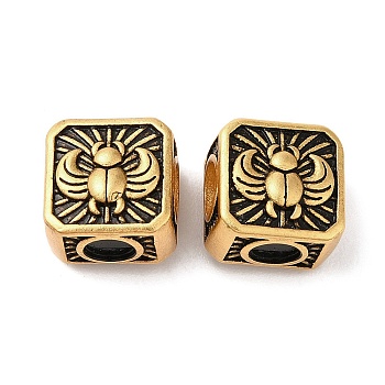 Rack Plating Brass European Beads, Large Hole Beads, Long-Lasting Plated, Matte Style, Square with Insect, Antique Golden, 10.5x10.5x8.5mm, Hole: 4mm