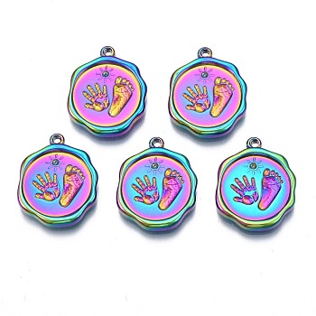 Rack Plating Rainbow Color 304 Stainless Steel Pendant Rhinestone Settings, Flat Round, 19.5x15x2mm, Hole: 1.4mm, Fit For 1.2mm Rhinestone