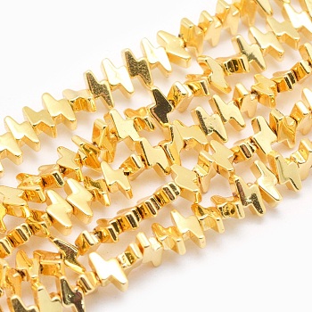 Electroplate Non-magnetic Synthetic Hematite Beads Strands, Grade AA, Long-Lasting Plated, Lightning Bolt, Golden Plated, 3x7x2mm, Hole: 0.8mm, about 125pcs/strand, 15.7 inch(40cm)
