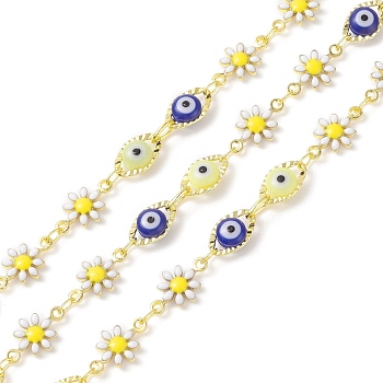Brass Enamel Flower & Horse Eye Link Chains, with Glass Beaded, Soldered, with Spools, Real 18K Gold Plated, Cadmium Free & Lead Free, Blue, 10x6x4mm, 12x7x2mm