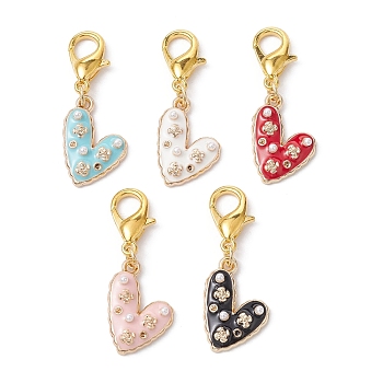 Heart with Flower Alloy Enamel Pendant Decorations, with ABS Imitation Pearl Beads and Zinc Alloy Lobster Claw Clasps, Mixed Color, 37mm