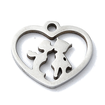 304 Stainless Steel Charms, Laser Cut, Heart with Couple Charm, Stainless Steel Color, 11.5x12.5x1mm, Hole: 1.2mm