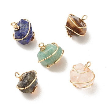 Natural Mixed Stone Pendants, with Light Gold Tone Copper Wire Wrapped, Faceted, Mixed Dyed and Undyed, Rondelle, 16.5~19x15~17x13.5~15mm, Hole: 2~2.5mm