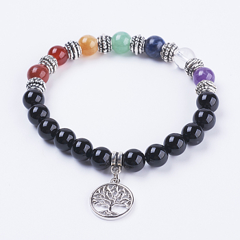Natural Black Agate Stretch Bracelets, with Mixed Stone, Alloy Findings and Brass Pendants, Flat Round with Tree of Life, Antique Silver, 2-1/8 inch(54mm)
