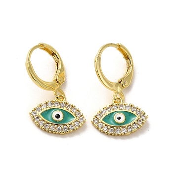 Evil Eye Real 18K Gold Plated Brass Dangle Leverback Earrings, with Enamel and Cubic Zirconia, Horse Eye, 23.5x13.5mm