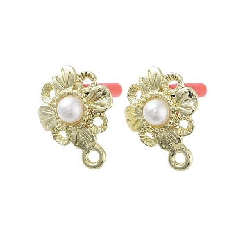 Plating Alloy with 304 Steel Needle Earrings Finding, Cadmium Free & Nickel Free & Lead Free, with ABS Imitation Pearl, Flower, 16.5x12.5mm, Hole: 1.6mm, Pin: 0.7x10.5mm.
