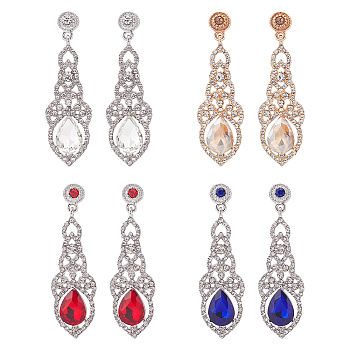 4 Pairs 4 Colors Rhinestone Teardrop Dangle Stud Earrings, Alloy Long Drop Earrings, Mixed Color, 57x17mm, 1 Pair/color