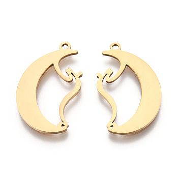 201 Stainless Steel Pendants, Moon Charm, Real 18K Gold Plated, 23.5x15x1mm, Hole: 1.4mm