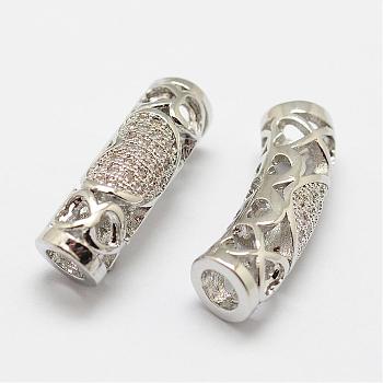 Brass Micro Pave Cubic Zirconia Tube Beads, Lead Free & Nickel Free, Platinum, 21.5x7x6.1mm, Hole: 3.5mm