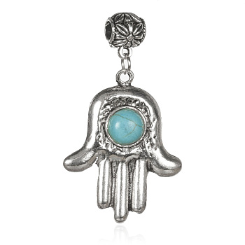 Alloy Synthetic Turquoise European Dangle Pendants, with Alloy Scarf Bail Bead Tube Bails, Hamsa Hand/Hand of Fatima/Hand of Miriam, Antique Silver, Sky Blue, 59mm, Hole: 5mm