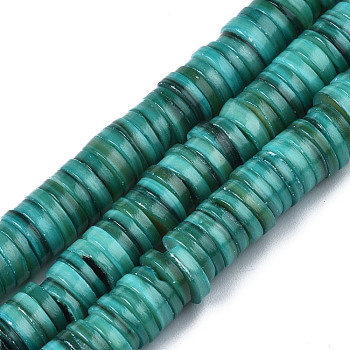 Natural Freshwater Shell Beads Strands, Dyed, Heishi Beads, Flat Round/Disc, Light Sea Green, 8x1~2.5mm, Hole: 0.8mm, about 196~210pcs/strand, 15.16 inch~15.43 inch(38.5cm~39.2cm)