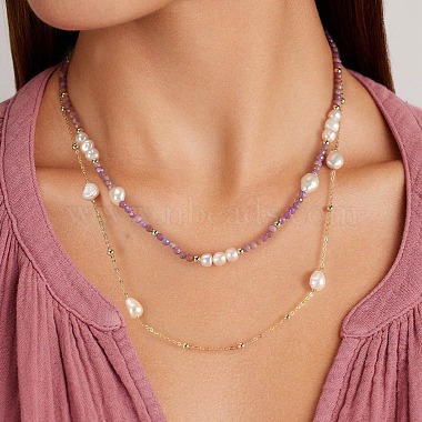 Natural Lepidolite & Pearl Beaded Double Layer Necklaces(NJEW-G121-01G)-2