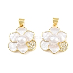 Brass Micro Pave Clear Cubic Zirconia Pendants, with Enamel & ABS Plastic Imitation Pearl, Flower Charms, Rack Plating, Long-Lasting Plated, Lead Free & Cadmium Free, Golden, 23.5x20x7.5mm, Hole: 5x3.5mm(KK-CBA6A75-53C-G)