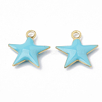 Brass Charms, Cadmium Free & Nickel Free & Lead Free, Enamelled Sequins, Raw(Unplated), Star, Cyan, 18.5x17x2.5mm, Hole: 1mm(KK-S345-060B-04)