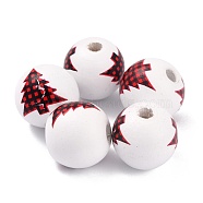 Dyed Natural Wooden Beads, Round with Christmas Tree Pattern, White, 16.5x15mm, Hole: 4mm(WOOD-O005-02A)