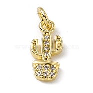 Brass Micro Pave Clear Cubic Zirconia Cactus Charms, with Open Jump Rings, Real 18K Gold Plated, 12.5x6x2mm, Jump Ring: 4.5x0.7mm, Inner Diameter: 3mm (ZIRC-F132-67G)