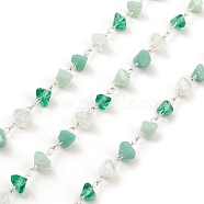 Natural Mixed Gemstone Triangle Beaded Chains, with Brass Findings, Unwelded, with Spool, Medium Aquamarine, 2x1.5x0.2mm, 4.5x4.5x3mm(CHC-M025-52P)