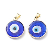 Handmade Evil Eye Lampwork Pendants, with Rack Plating Light Gold Tone Brass Findings, Long-Lasting Plated, Lead Free & Cadmium Free, Flat Round, Blue, 24~25.5x20.5~21x4~4.5mm, Hole: 6x4~4.5mm(LAMP-F031-02G-02)