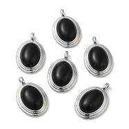 Natural Black Onyx(Dyed & Heated) Pendants, Brass Oval Charms, Real Platinum Plated, 23x15x7mm, Hole: 3x2mm(KK-M270-41P-02)