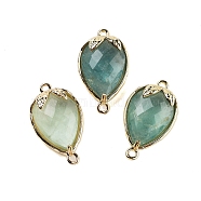 Natural Green Fluorite Faceted Teardrop Connector Charms, Brass Strawberry Links, Golden, 20x11.5x5mm, Hole: 1.2mm(G-B081-03G-09)