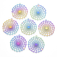 Ion Plating(IP) 201 Stainless Steel Filigree Pendants, Etched Metal Embellishments, Spider Web, Rainbow Color, 32.5x30.5x0.4mm, Hole: 1.8mm(X-STAS-T057-20)