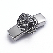 Retro 304 Stainless Steel Slide Charms/Slider Beads, for Leather Cord Bracelets Making, Rectangle with Lion, Antique Silver, 21x34x14mm, Hole: 4x8mm(STAS-L243-025AS)