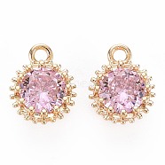 Brass Micro Pave Cubic Zirconia Charms, Nickel Free, Real 18K Gold Plated, Faceted Flat Round, Pink, 9x7x4mm, Hole: 1.2mm(KK-S356-772I)