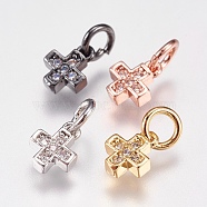 Brass Micro Pave Cubic Zirconia Tiny Cross Charms, Mixed Color, 6.5x5x1.8mm, Hole: 3.5mm(ZIRC-E147-61)
