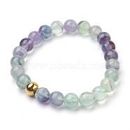 Natural Fluorite Beads Stretch Bracelets, with Stainless Steel Beads, Round, Burlap Packing, Golden, 2-1/8 inch(5.5cm), Bag: 12x8.5x3cm(BJEW-JB03852-04)