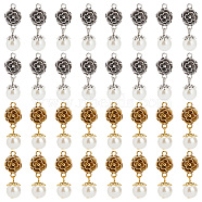 Elite 32Pcs 2 Colors Tibetan Style Alloy Pendants, with ABS Plastic Imitation Pearl Beads, Flower, Antique Silver & Antique Golden, 32mm, Hole: 2mm, 16pcs/color(FIND-PH0008-38)