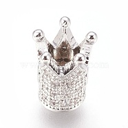 Brass Micro Pave Cubic Zirconia Beads, Crown, Clear, Real Platinum Plated, 10x8mm, Hole: 1.4mm(ZIRC-F088-029P)