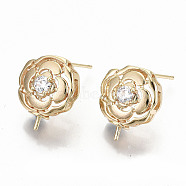Brass Micro Pave Clear Cubic Zirconia Stud Earring Findings, for Half Drilled Bead, Nickel Free, Flower, Real 18K Gold Plated, 16x12.5mm, Pin: 0.8mm, Pin 1mm(for Half Drilled Bead)(KK-T062-58G-NF)