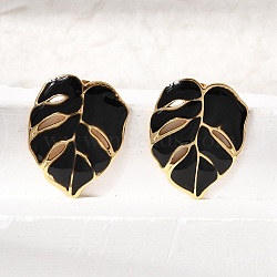 Brass Stud Earrings for Women, Leaf, with Enamel, Rack Plating, Long-Lasting Plated, Lead Free & Cadmium Free, Real 18K Gold Plated, Black, 24x19mm(KK-CBA9D38-05G-03)