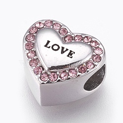 304 Stainless Steel European Beads, Large Hole Beads, with Rhinestone, Heart with Word Love, For Valentine's Day, Antique Silver, Light Rose, 10x12x7mm, Hole: 4mm(STAS-O097-85A)