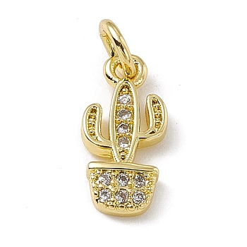 Brass Micro Pave Clear Cubic Zirconia Cactus Charms, with Open Jump Rings, Real 18K Gold Plated, 12.5x6x2mm, Jump Ring: 4.5x0.7mm, Inner Diameter: 3mm 