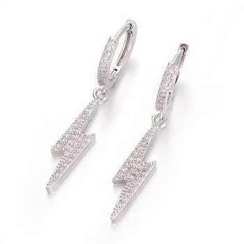 Brass Leverback Earrings, Flash Earrings, with Cubic Zirconia, Lightning Bolt, Clear, Platinum, 40mm, Pin: 1mm