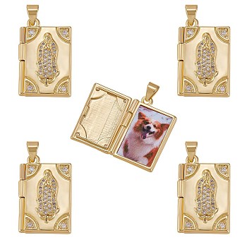 5Pcs Rack Plating Brass Micro Pave Clear Cubic Zirconia Locket Pendants, Cadmium Free & Lead Free, Religion, Rectangle with Virgin Mary, Real 18K Gold Plated, 23x15x4.5mm, Hole: 4x3.5mm, Inner Diameter: 18x11mm